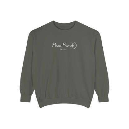 Thtgrlreads Zodiac Academy cozy Comfort Colors oversized crewneck sweatshirt in vintage washed gray with delicate "Moon Friends" script and crescent moon graphic on chest.