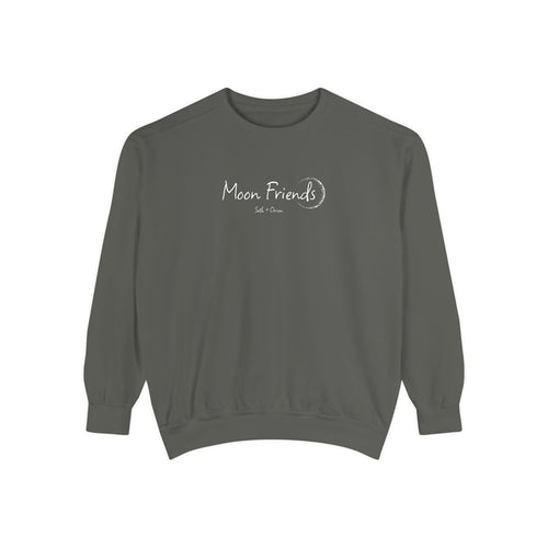 Thtgrlreads Zodiac Academy cozy Comfort Colors oversized crewneck sweatshirt in vintage washed gray with delicate "Moon Friends" script and crescent moon graphic on chest.