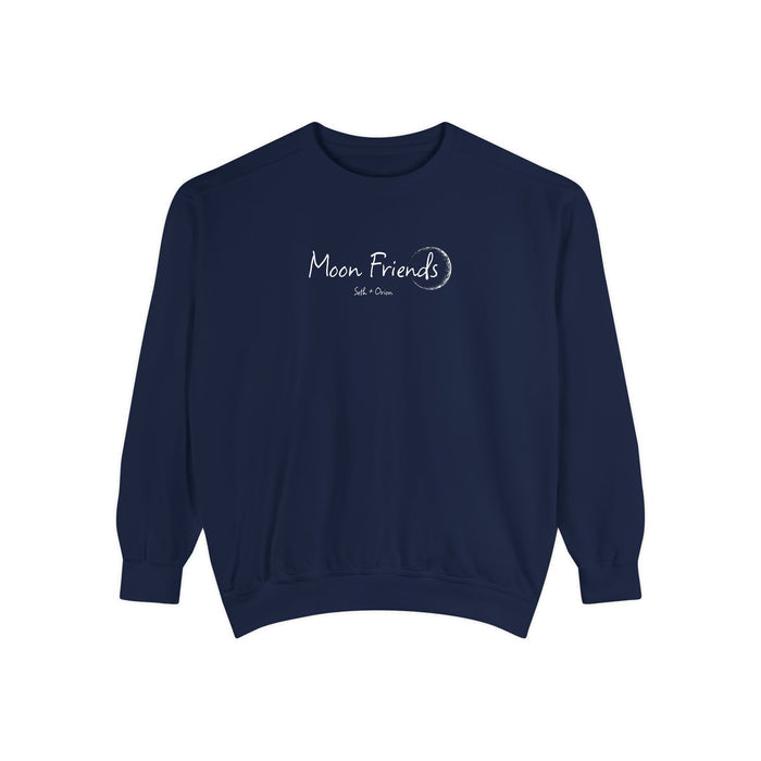 Zodiac Academy crewneck sweatshirt by thtgrlreads featuring a vintage-wash navy Comfort Colors base with delicate "Moon Friends" crescent moon graphic, cozy unisex fit.