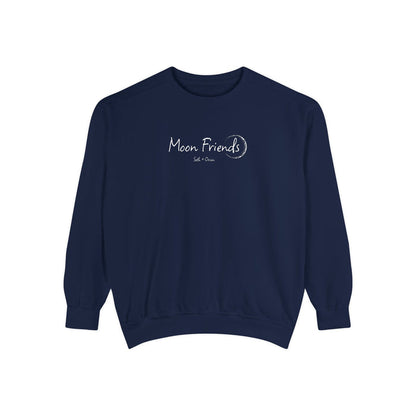 Zodiac Academy crewneck sweatshirt by thtgrlreads featuring a vintage-wash navy Comfort Colors base with delicate "Moon Friends" crescent moon graphic, cozy unisex fit.