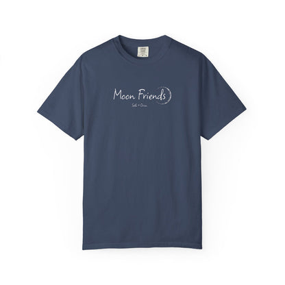thtgrlreads Comfort Colors navy blue graphic tee featuring "Moon Friends" handwritten white text and crescent moon illustration for a cozy, vintage wash look.