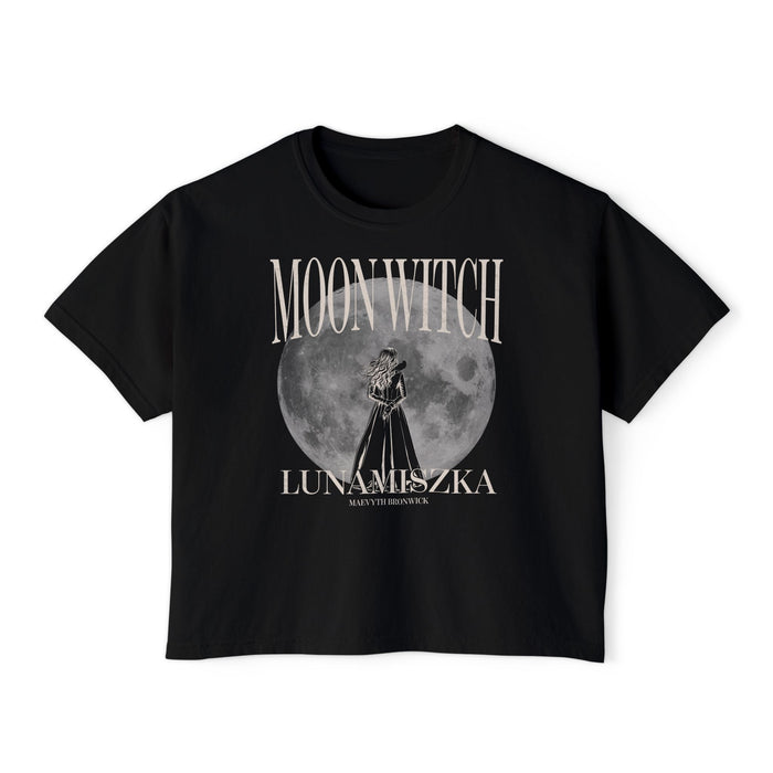 Thtgrlreads Moon Witch Crop Top from The Eating Woods collection features a vintage wash Comfort Colors fabric with a large moon graphic and gothic script text, perfect for fans of romantasy bookish apparel.