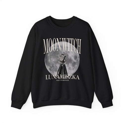 thtgrlreads Moon Witch Sweatshirt from The Eating Woods collection features an oversized black crewneck with a vintage wash, showcasing a large moon graphic and gothic script text.