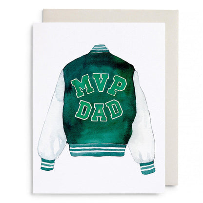 Father's Day greeting card with green varsity jacket graphic, 'MVP DAD' on back.