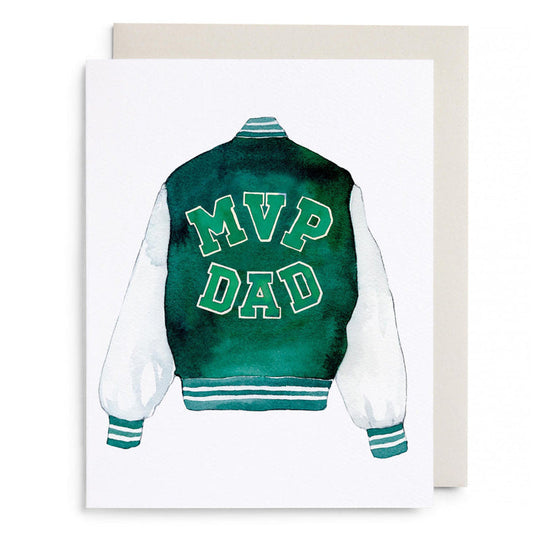 Father's Day greeting card with green varsity jacket graphic, 'MVP DAD' on back.