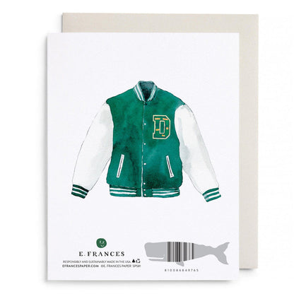 Father's Day greeting card with green varsity jacket graphic, 'D' emblem, front view.
