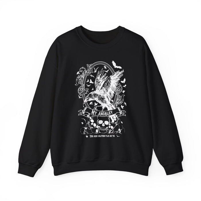 Black oversized crewneck sweatshirt from thtgrlreads Liv Zander collection featuring a vintage puff print graphic of a crow in flight surrounded by roses, skulls, and bats with gothic script text.