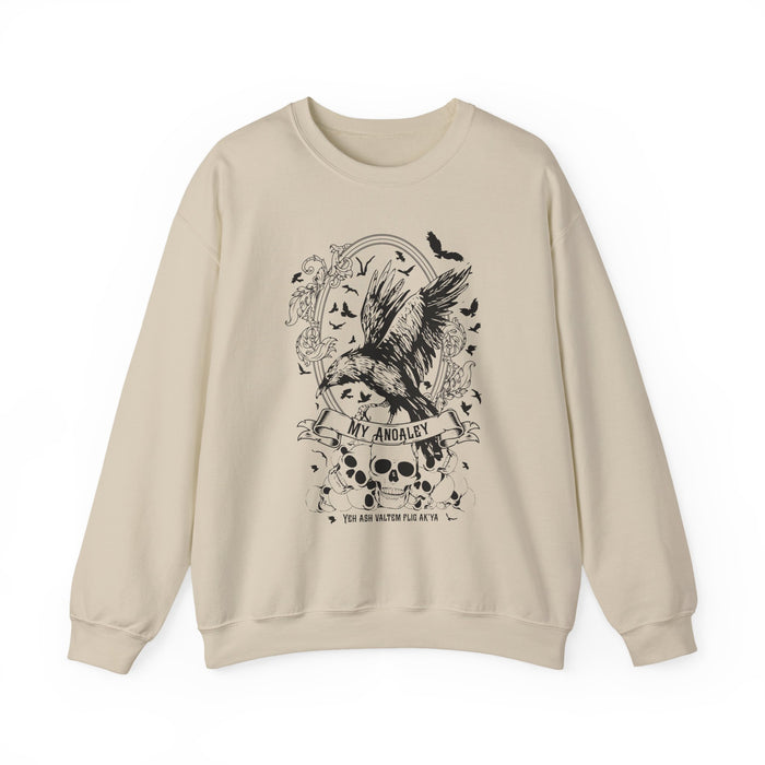 Thtgrlreads Liv Zander collection oversized crewneck sweatshirt in vintage-washed cream Comfort Colors fabric featuring a detailed black gothic print with a raven, skulls, and banner design.