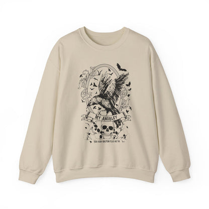 Thtgrlreads Liv Zander collection oversized crewneck sweatshirt in vintage-washed cream Comfort Colors fabric featuring a detailed black gothic print with a raven, skulls, and banner design.