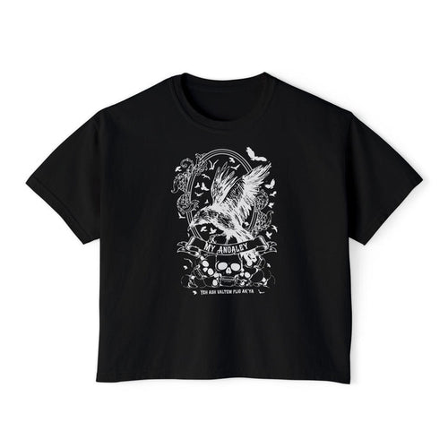 thtgrlreads unisex comfort colors graphic tee featuring a vintage-style black shirt with white gothic script and detailed illustration of a soaring bird, skulls, and bats.