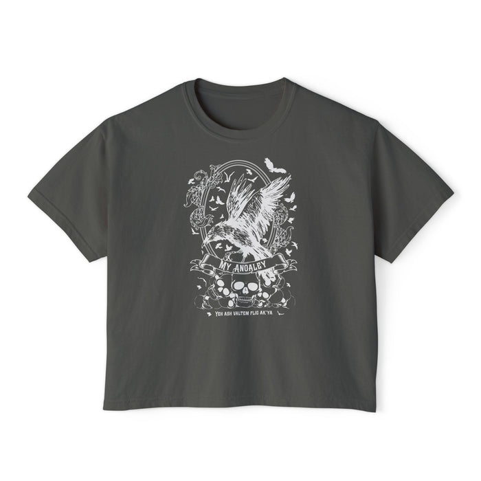 thtgrlreads Liv Zander collection cropped Comfort Colors t-shirt in dark gray with vintage-style white graphic featuring a soaring bird, skulls, and gothic floral accents, offered by Printify.