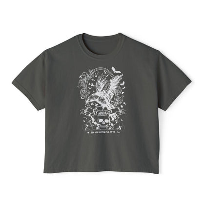 thtgrlreads Liv Zander collection cropped Comfort Colors t-shirt in dark gray with vintage-style white graphic featuring a soaring bird, skulls, and gothic floral accents, offered by Printify.