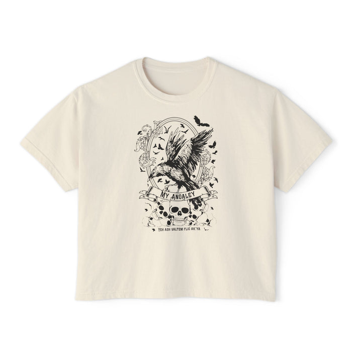 thtgrlreads Liv Zander collection cream comfort colors crop top featuring a dark romantasy design of a flying angler fish surrounded by skulls and bats, printed by Printify.