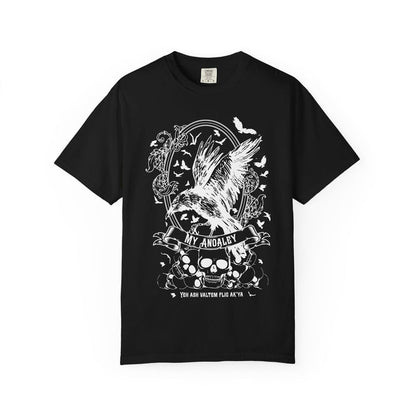 Thtgrlreads Liv Zander collection comfort colors graphic tee featuring a white vintage-style print of a large bird, skulls, and floral elements with gothic font text on a black fabric.