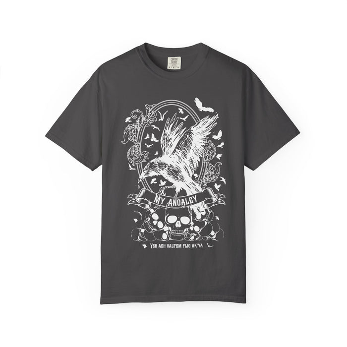 A dark gray comfort colors graphic tee from thtgrlreads featuring a Liv Zander inspired vintage-style design with a large detailed white owl, skull, and floral elements in the Tees collection.