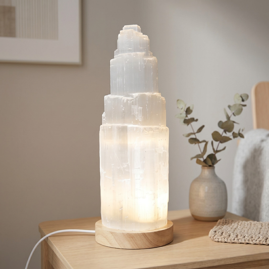 NAMISO - Selenit krystal lampe - klart lys  - 25 cm.