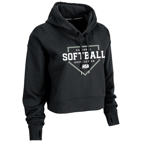 The Champro Sports National Softball Association NSA Home Plate Women's Crop Hoodie features a cozy fleece design with a hood, drawstrings, and bold white NSA lettering inside a home plate graphic on the front for sporty style and comfort.