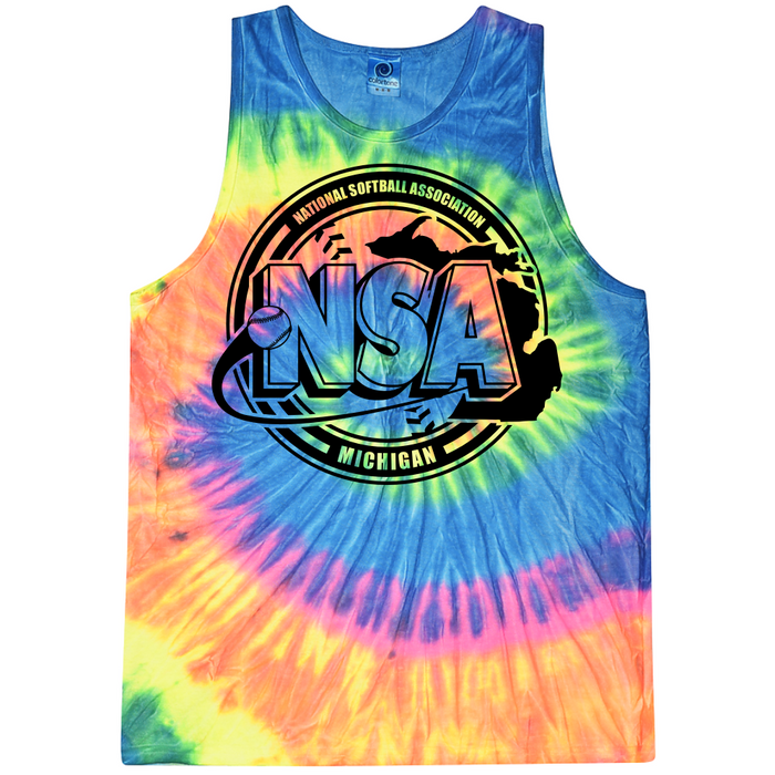 The DSG Apparel National Softball Association NSA Michigan Crest Tank Top features vibrant blue, green, yellow, pink, and orange tie-dye swirls with a bold black NSA logo and Michigan outline on the front.