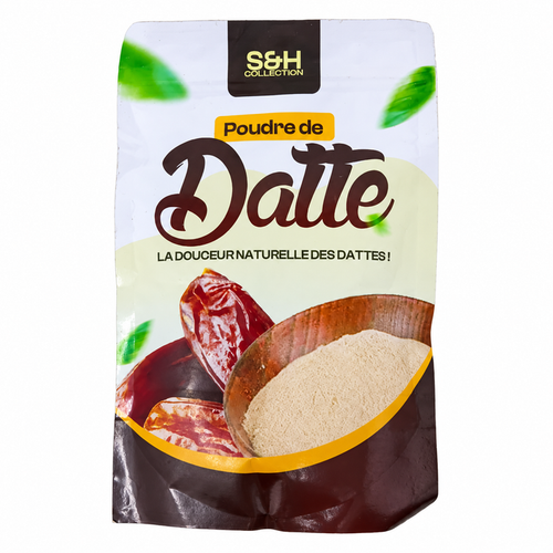 Natural Date Powder in branded packaging, finely ground dried dates with a naturally sweet, caramel-like flavor, ideal for sweetening smoothies, oatmeal, baked goods, beverages, and everyday recipes.