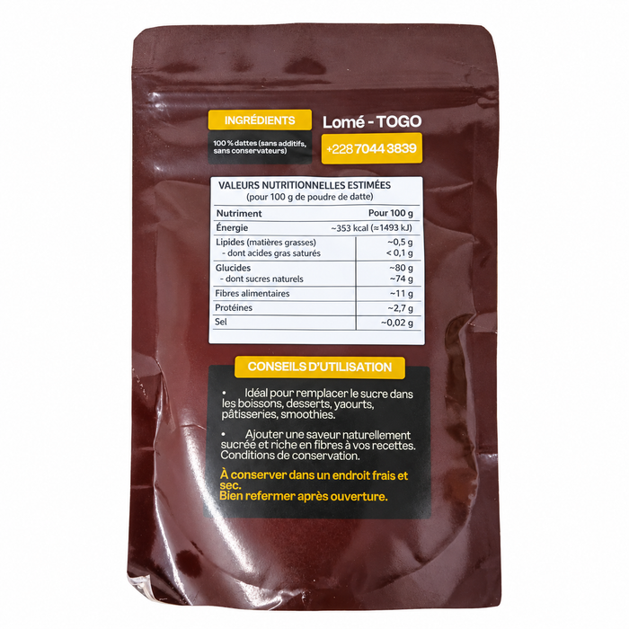 Natural Date Powder in branded packaging, finely ground dried dates with a naturally sweet, caramel-like flavor, ideal for sweetening smoothies, oatmeal, baked goods, beverages, and everyday recipes.