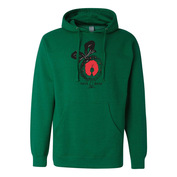 The Neck Deep Holiday Green Hoodie features a black and red chest graphic with Neck Deep text, plus a front pocket and drawstrings for comfort and style.