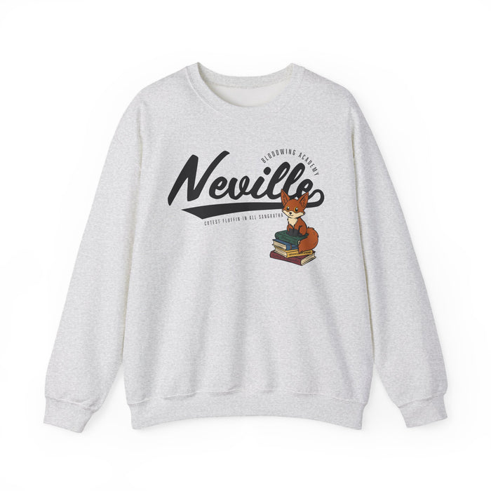 Bloodwing Academy crewneck sweatshirt by thtgrlreads featuring vintage wash Comfort Colors fabric and a playful illustration of a fox sitting on stacked books with bold "Neville" text.