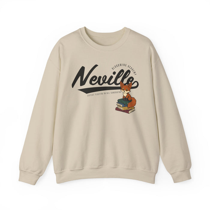 Bloodwing Academy crewneck from thtgrlreads featuring a vintage wash oversized cream crewneck sweatshirt with a playful fox graphic sitting on books and bold "Neville" text.