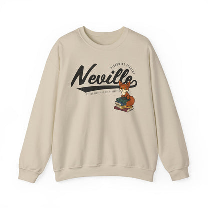 Bloodwing Academy crewneck from thtgrlreads featuring a vintage wash oversized cream crewneck sweatshirt with a playful fox graphic sitting on books and bold "Neville" text.
