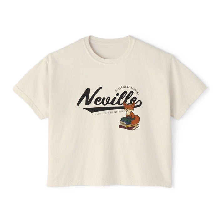 Bloodwing Academy inspired crop top from thtgrlreads featuring a vintage wash Comfort Colors base in soft cream, with a playful printed fox and bold "Neville" script, part of Tees and Bloodwing Academy collections.