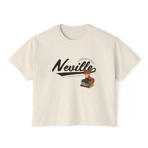 Bloodwing Academy inspired crop top from thtgrlreads featuring a vintage wash Comfort Colors base in soft cream, with a playful printed fox and bold "Neville" script, part of Tees and Bloodwing Academy collections.