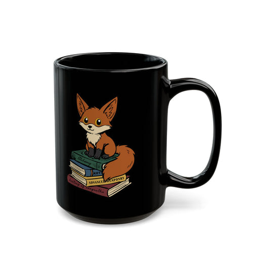 A black ceramic mug from thtgrlreads featuring Bloodwing Academy artwork with a cute fox illustration sitting atop stacked books, combining fantasy romance charm with officially licensed merch.