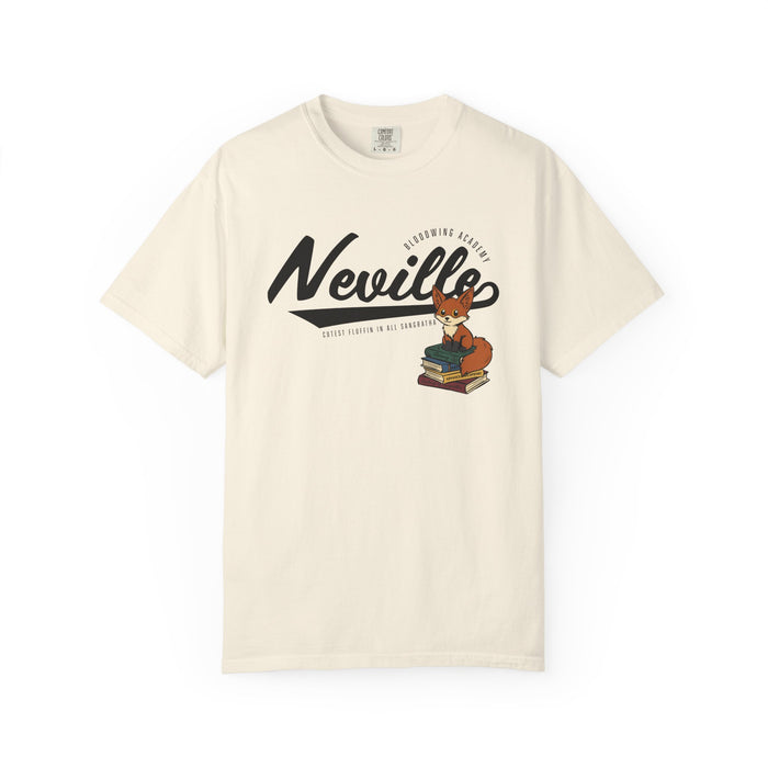 thtgrlreads cream-colored Comfort Colors graphic tee featuring "Neville" in bold script with a vintage puff print of a small fox sitting on stacked books, evoking a cozy literary theme.