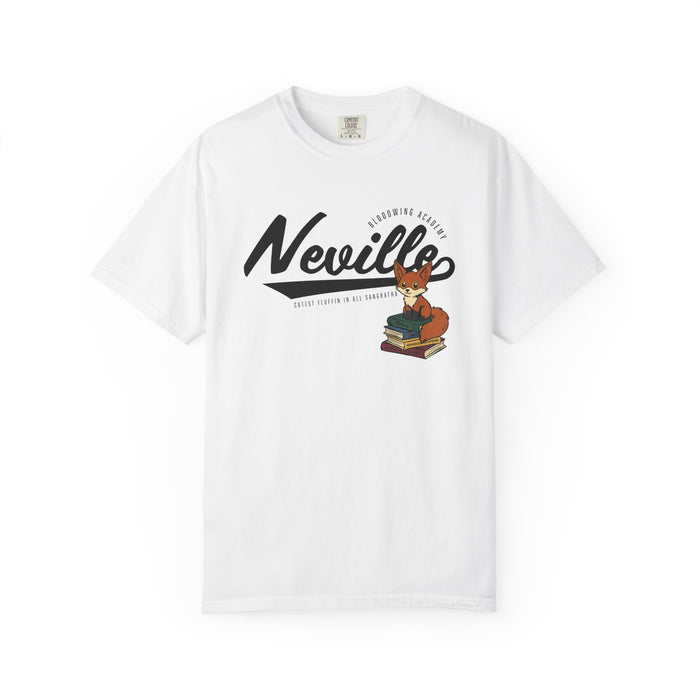 A vintage wash Comfort Colors graphic tee by thtgrlreads from the Bloodwing Academy collection featuring a playful fox sitting on books with bold "Neville" text in a classic print style.