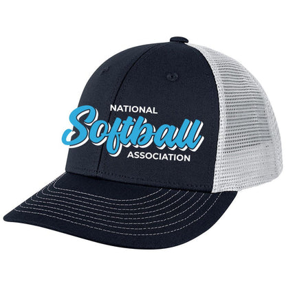 Show your Softball Lifestyle with the Champro Sports NSA Script Low Profile Trucker Hat (HC8-NSAS) in navy-white, featuring white stitching, a mesh back, and bold National Softball Association text in white and light blue on front.
