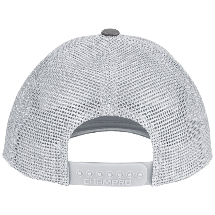 Back view of the Champro Sports NSA Script Low Profile Trucker Hat (HC8-NSAS) in light gray mesh with an adjustable snapback strap; CHAMPRO imprinted on the closure—ideal for National Softball Association or Softball Lifestyle fans.