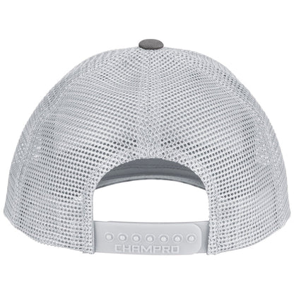 Back view of the Champro Sports NSA Script Low Profile Trucker Hat (HC8-NSAS) in light gray mesh with an adjustable snapback strap; CHAMPRO imprinted on the closure—ideal for National Softball Association or Softball Lifestyle fans.