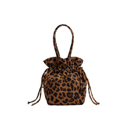 Leopard-print nylon drawstring bag with top carry handles and dangling cords