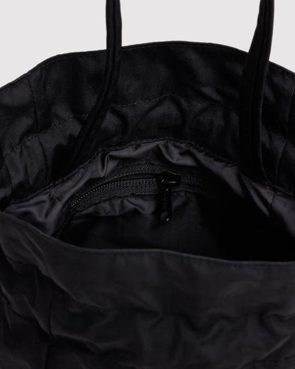 Black nylon drawstring bag with mesh lining and zip pocket inside