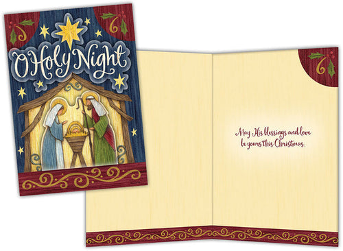 Christmas card with nativity scene illustration and 'O Holy Night' text