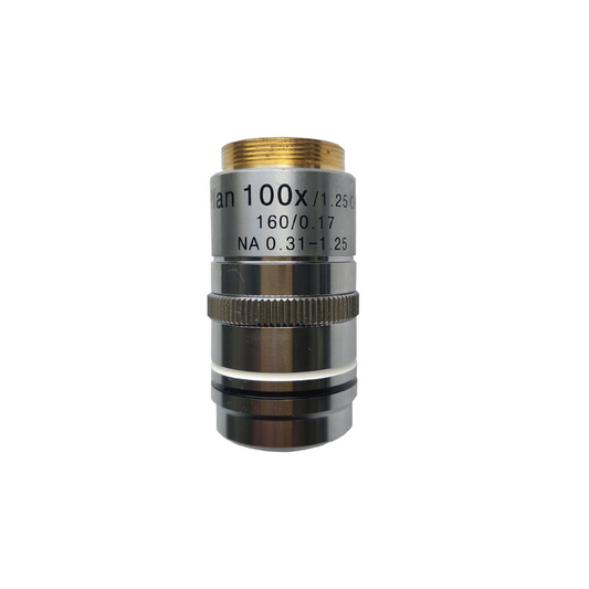 Objective Working Distance 0.18mm 100X Achromatic Iris Diaphragm Objective, SKU BM02013811, three quarter front view