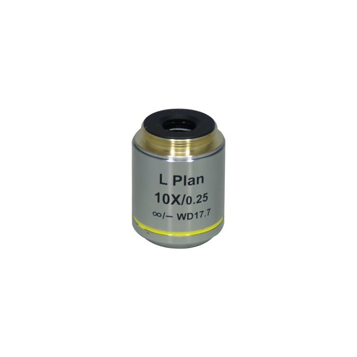 Objective Working Distance 17.7mm 10x Dispersion Staining Polarizing Objective, SKU PL02503312, three quarter front view