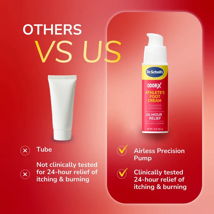 Athlete's Foot antifungal cream vs tube, airless precision pump shown