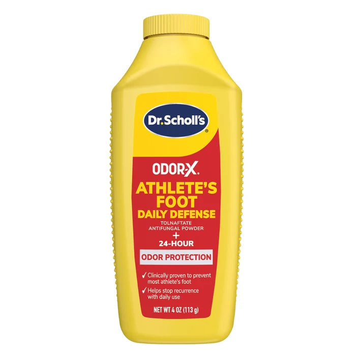 Dr. Scholl’s Odor-X Athlete’s Foot Daily Defense powder bottle, yellow, 4 oz