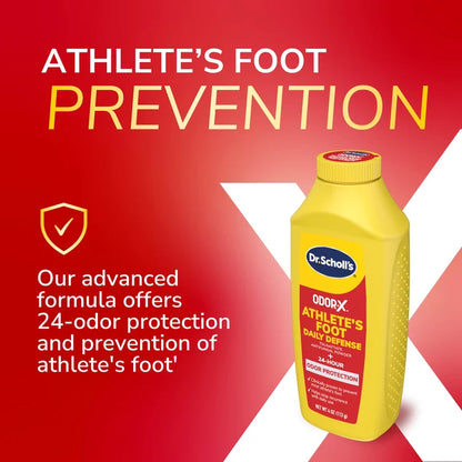 Yellow Odor-X Athlete’s Foot Daily Defense powder bottle for athlete’s foot prevention