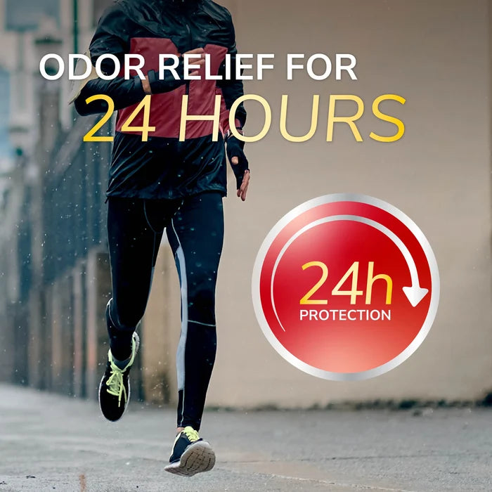 Odor-X athlete’s foot defense concept with runner legs and 24-hour protection badge