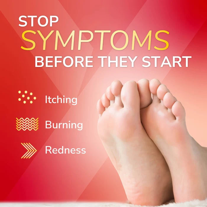 Athlete’s foot prevention powder concept with bare feet on graphic background