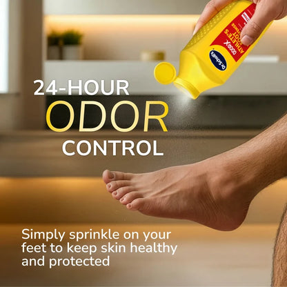 Odor-X Athlete’s Foot daily defense powder bottle sprinkling on bare foot