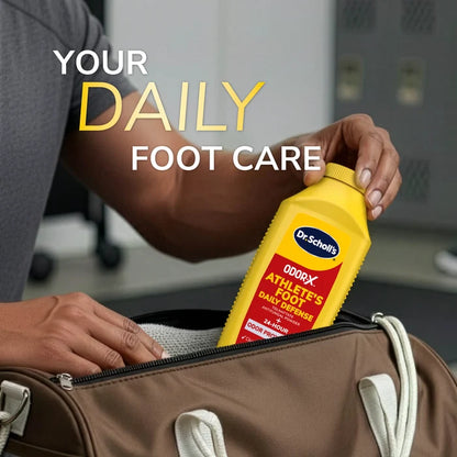 Dr. Scholl’s Odor-X Athlete’s Foot daily defense powder bottle held near a bag