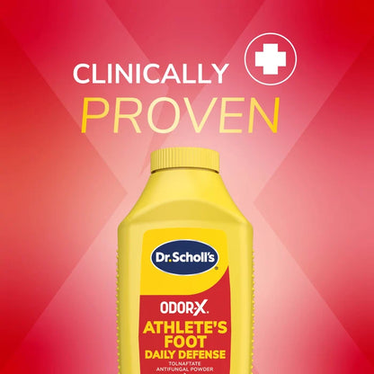 Dr. Scholl’s Odor-X Athlete’s Foot Daily Defense powder bottle close-up, yellow cap
