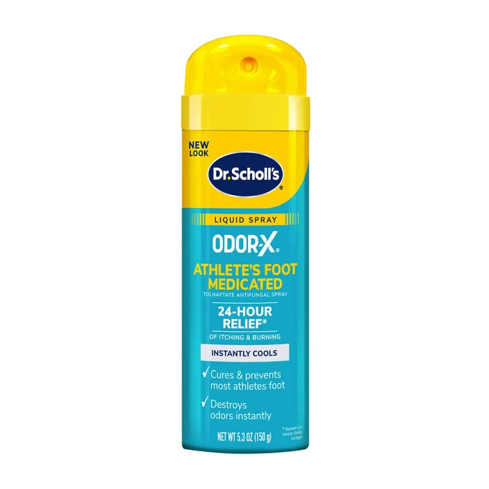 Odor-X athlete's foot medicated liquid spray bottle with yellow cap, liquid spray.